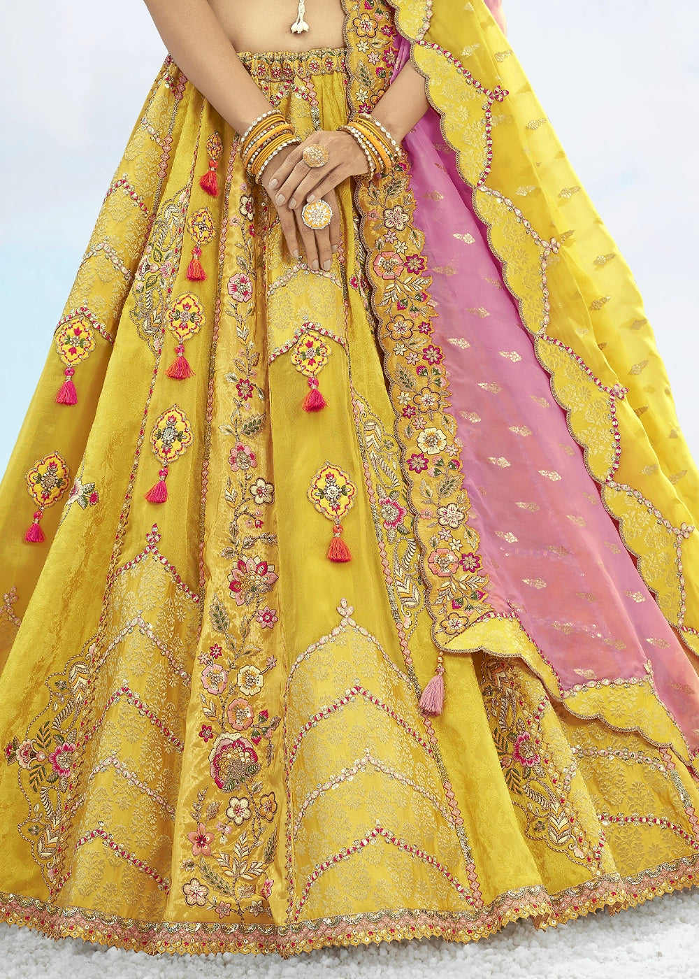 Shades Of Yellow Banarasi Silk Lehenga Choli with Intricate Embroidery and Cut Work