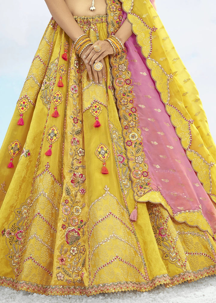 Shades Of Yellow Banarasi Silk Lehenga Choli with Intricate Embroidery and Cut Work