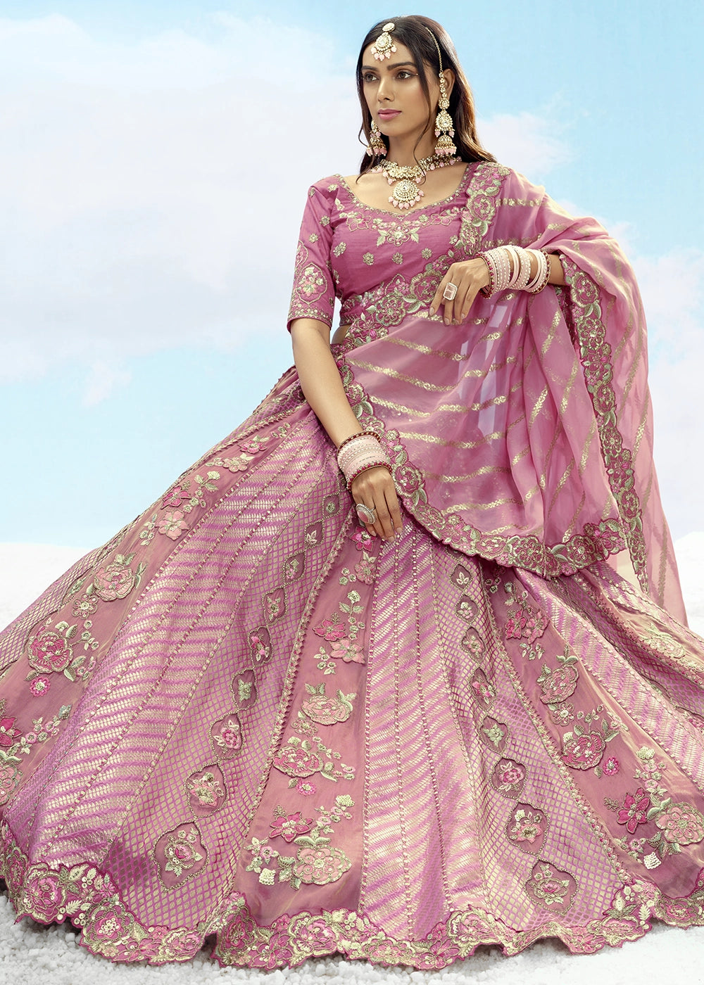 Hopbush Purple Banarasi Silk Lehenga Choli with Intricate Embroidery and Cut Work