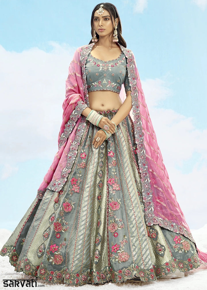 Shades Of Grey Banarasi Silk Lehenga Choli with Intricate Embroidery and Cut Work