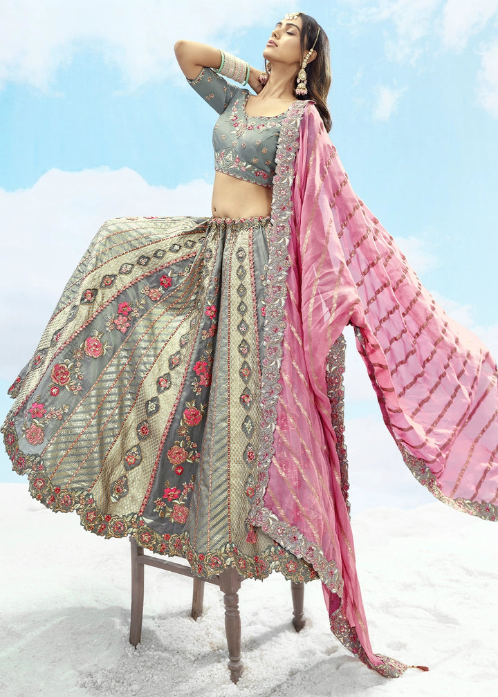 Shades Of Grey Banarasi Silk Lehenga Choli with Intricate Embroidery and Cut Work