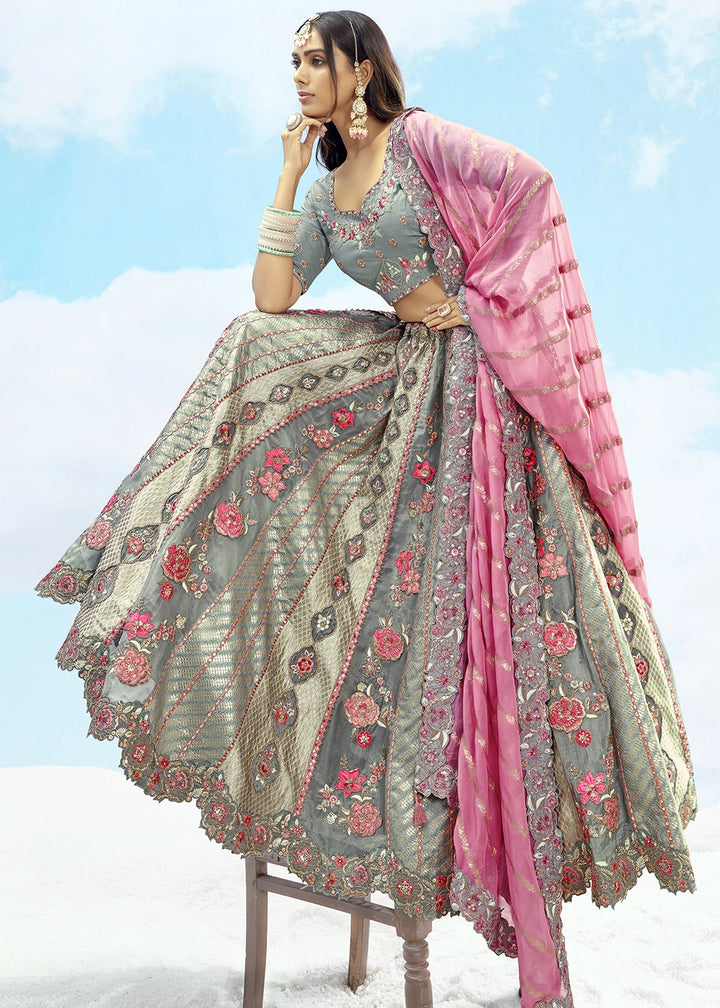 Shades Of Grey Banarasi Silk Lehenga Choli with Intricate Embroidery and Cut Work