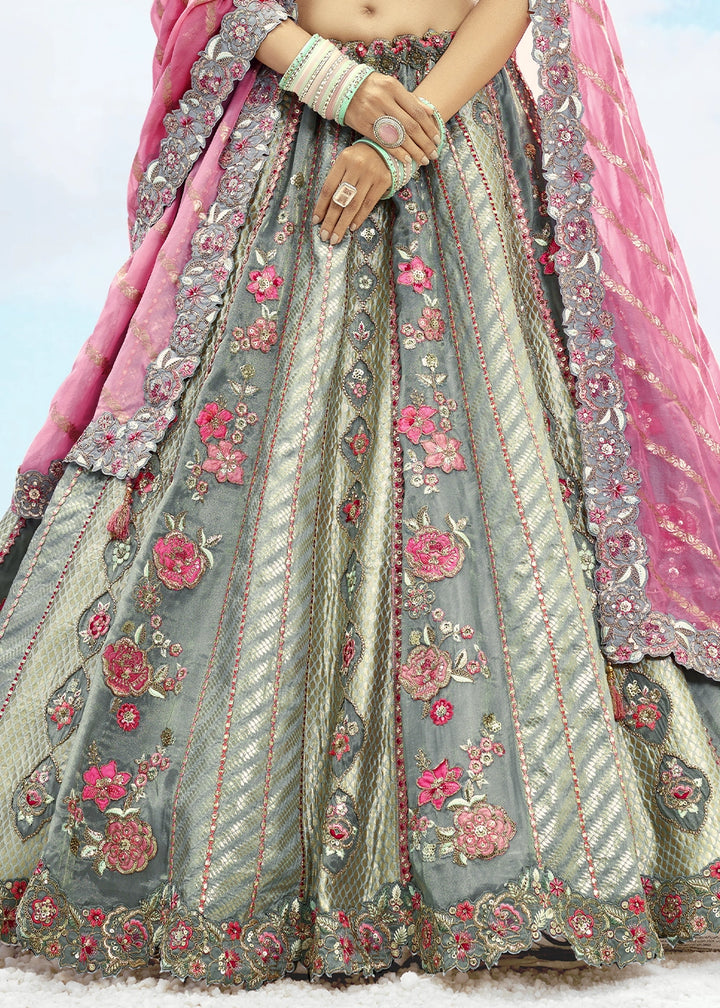 Shades Of Grey Banarasi Silk Lehenga Choli with Intricate Embroidery and Cut Work
