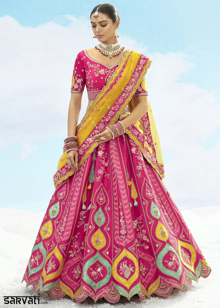 Hot Pink Banarasi Silk Lehenga Choli with Intricate Embroidery and Cut Work