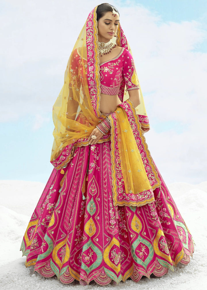 Hot Pink Banarasi Silk Lehenga Choli with Intricate Embroidery and Cut Work