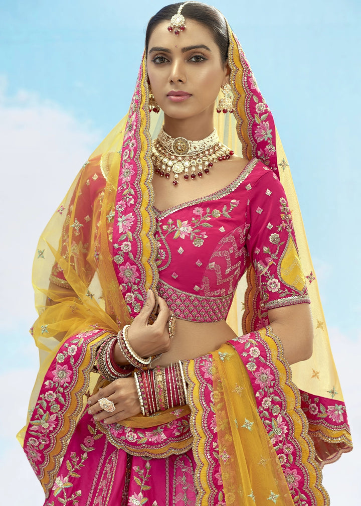 Hot Pink Banarasi Silk Lehenga Choli with Intricate Embroidery and Cut Work