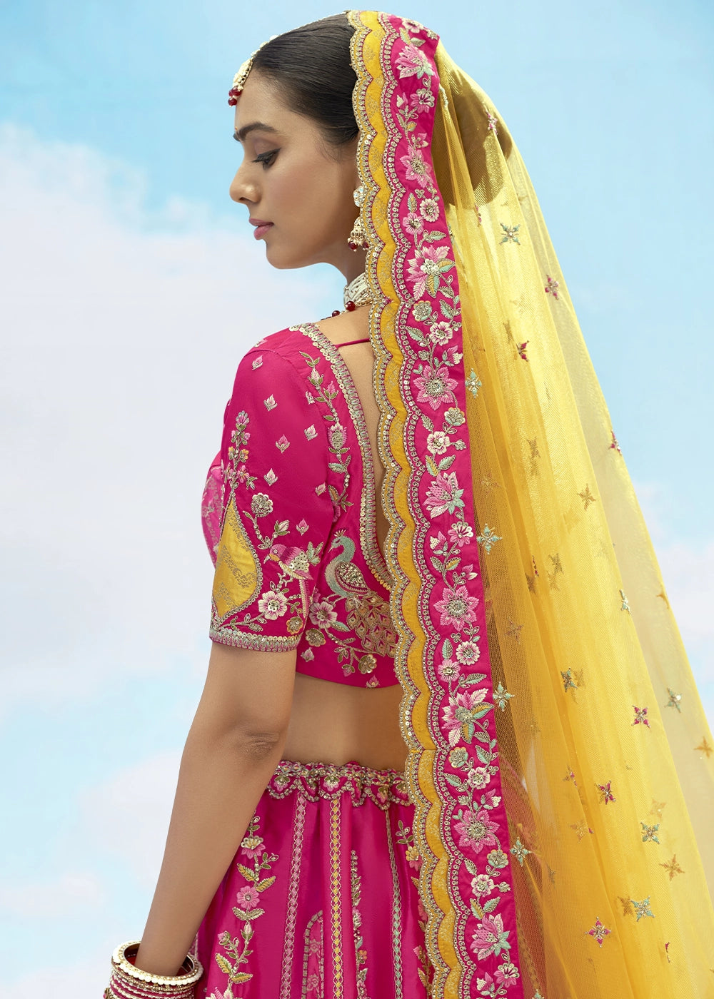 Hot Pink Banarasi Silk Lehenga Choli with Intricate Embroidery and Cut Work