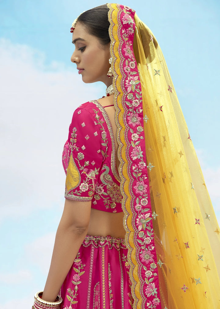 Hot Pink Banarasi Silk Lehenga Choli with Intricate Embroidery and Cut Work