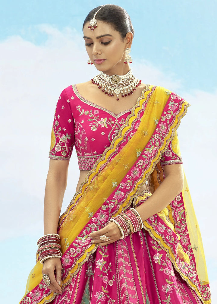 Hot Pink Banarasi Silk Lehenga Choli with Intricate Embroidery and Cut Work