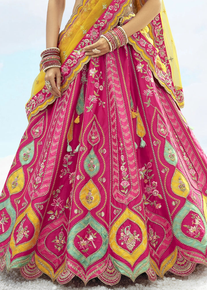 Hot Pink Banarasi Silk Lehenga Choli with Intricate Embroidery and Cut Work