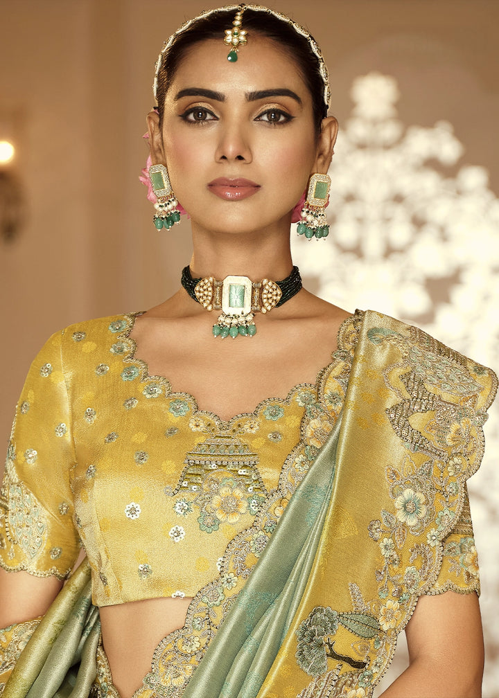 Dual Shade Yellow & Blue Banarasi Silk Saree with Zari, Thread & Sequins Work: Diwali Edit