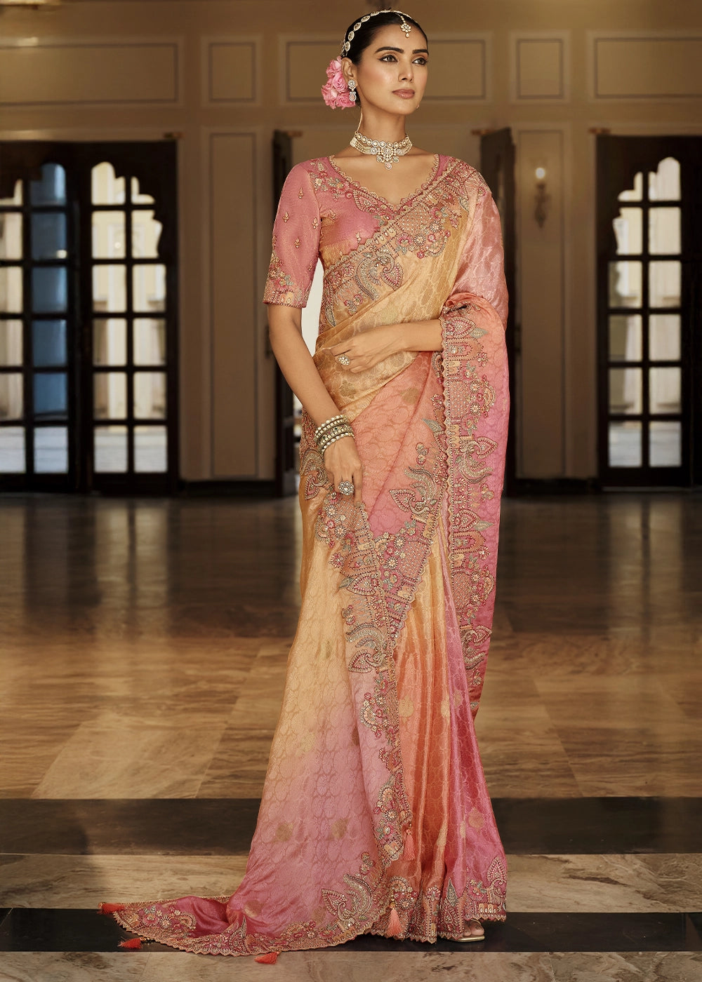 Dual Shade Pink & Orange Banarasi Silk Saree with Zari, Thread & Sequins Work: Diwali Edit
