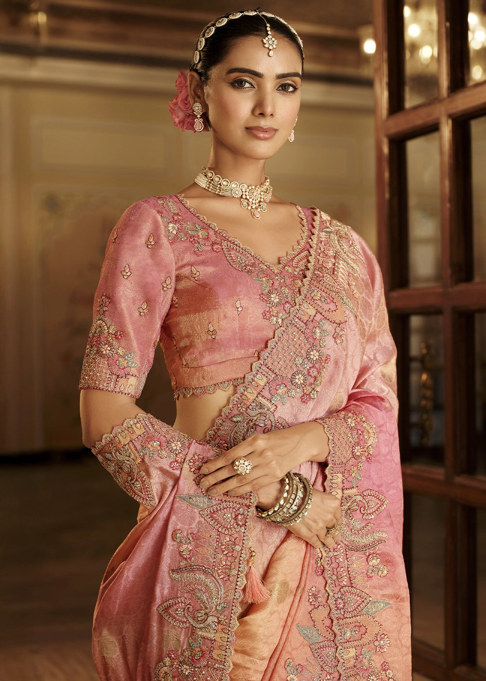 Dual Shade Pink & Orange Banarasi Silk Saree with Zari, Thread & Sequins Work: Diwali Edit