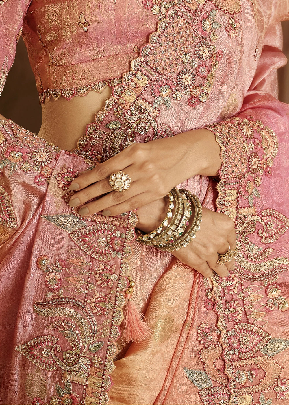 Dual Shade Pink & Orange Banarasi Silk Saree with Zari, Thread & Sequins Work: Diwali Edit