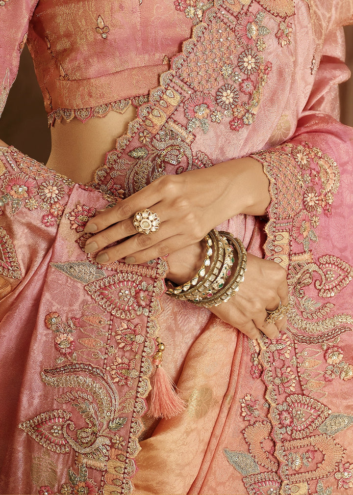 Dual Shade Pink & Orange Banarasi Silk Saree with Zari, Thread & Sequins Work: Diwali Edit