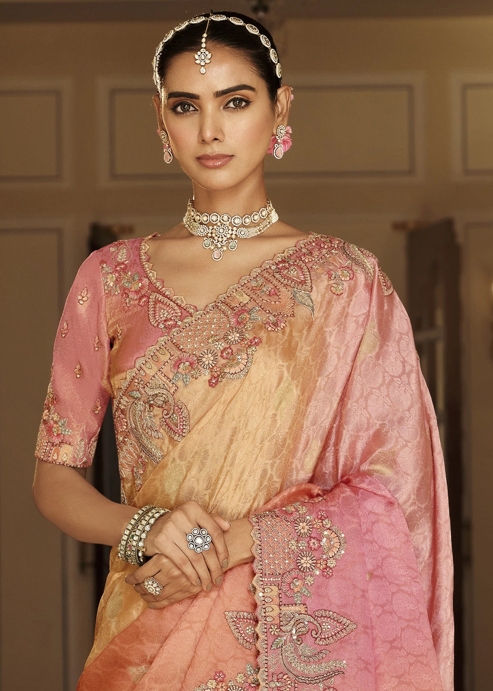 Dual Shade Pink & Orange Banarasi Silk Saree with Zari, Thread & Sequins Work: Diwali Edit