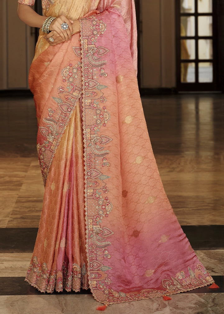 Dual Shade Pink & Orange Banarasi Silk Saree with Zari, Thread & Sequins Work: Diwali Edit