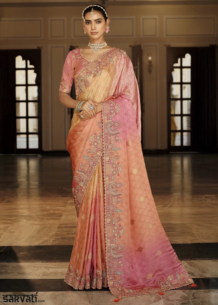Dual Shade Pink & Orange Banarasi Silk Saree with Zari, Thread & Sequins Work: Diwali Edit