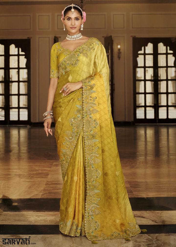 Shades Of Yellow & Green Banarasi Silk Saree with Zari, Thread & Sequins Work: Diwali Edit