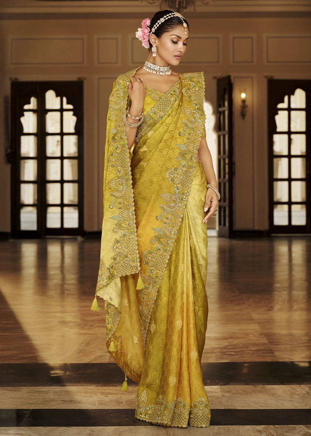 Shades Of Yellow & Green Banarasi Silk Saree with Zari, Thread & Sequins Work: Diwali Edit