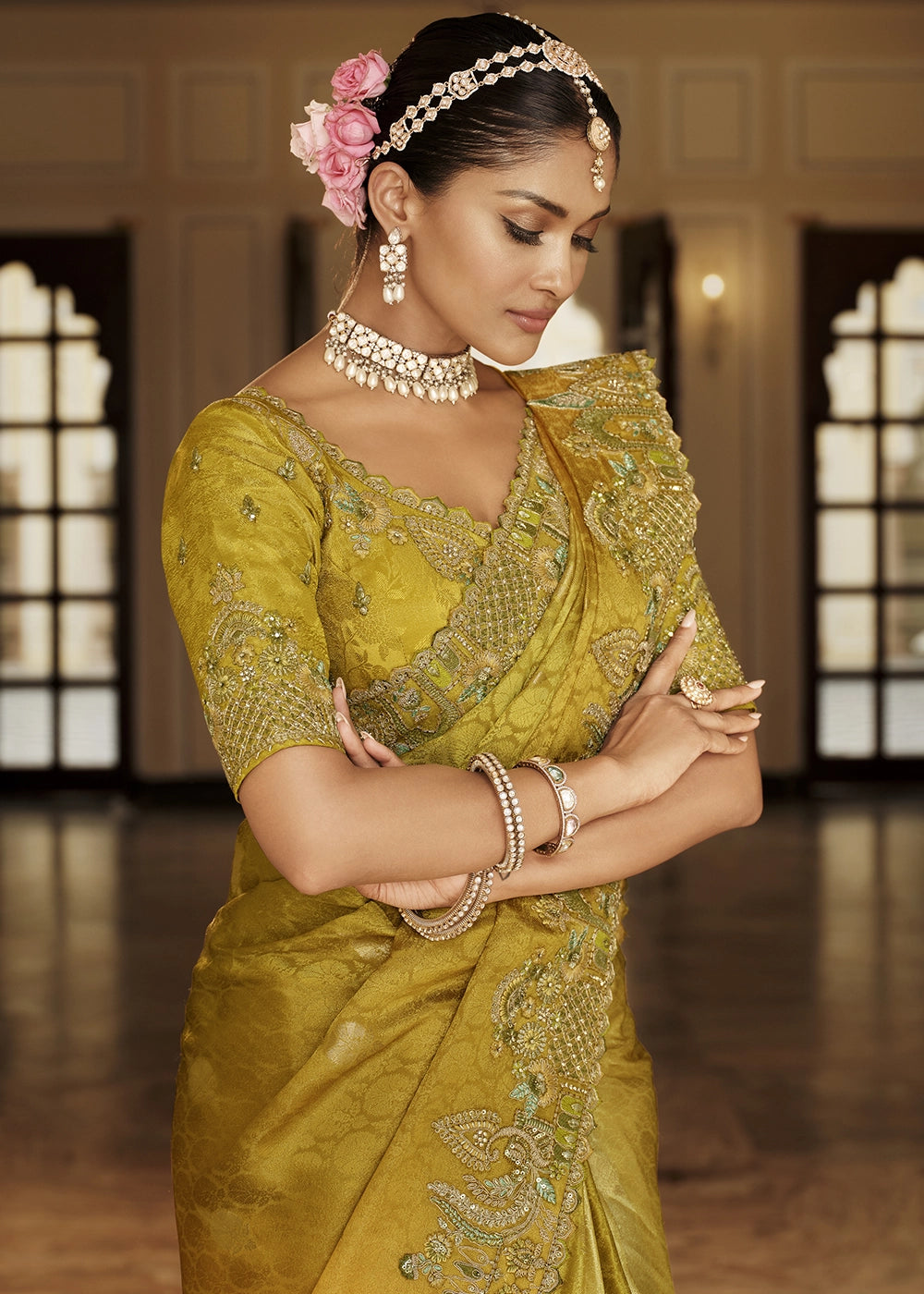 Shades Of Yellow & Green Banarasi Silk Saree with Zari, Thread & Sequins Work: Diwali Edit