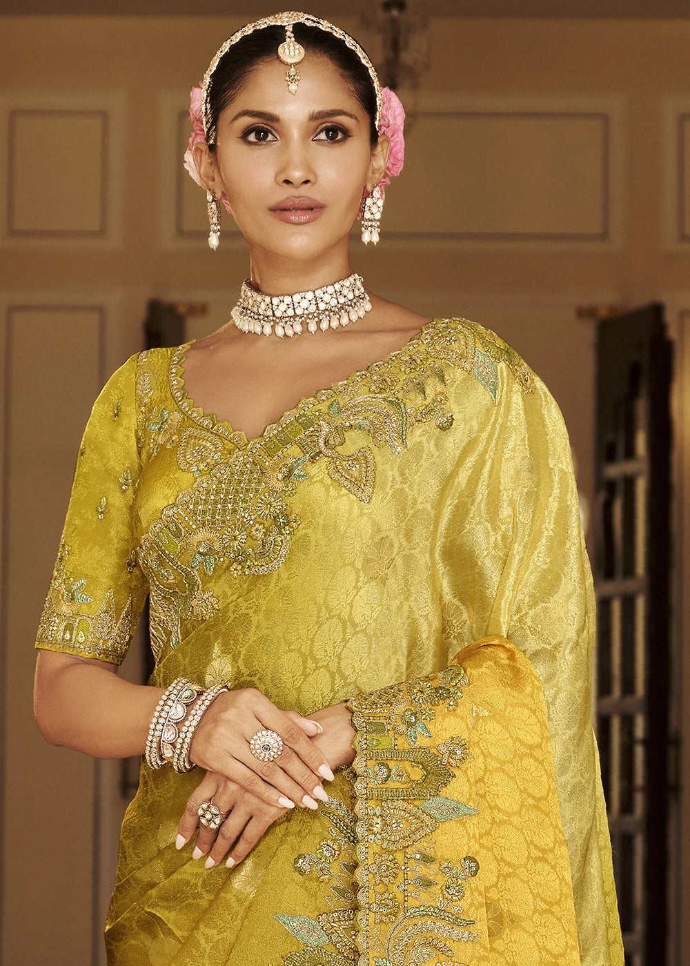 Shades Of Yellow & Green Banarasi Silk Saree with Zari, Thread & Sequins Work: Diwali Edit