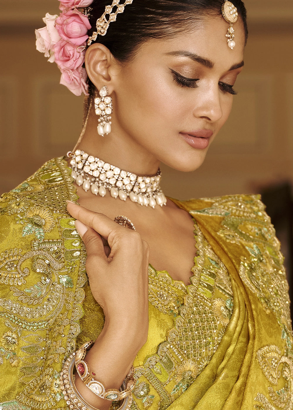 Shades Of Yellow & Green Banarasi Silk Saree with Zari, Thread & Sequins Work: Diwali Edit