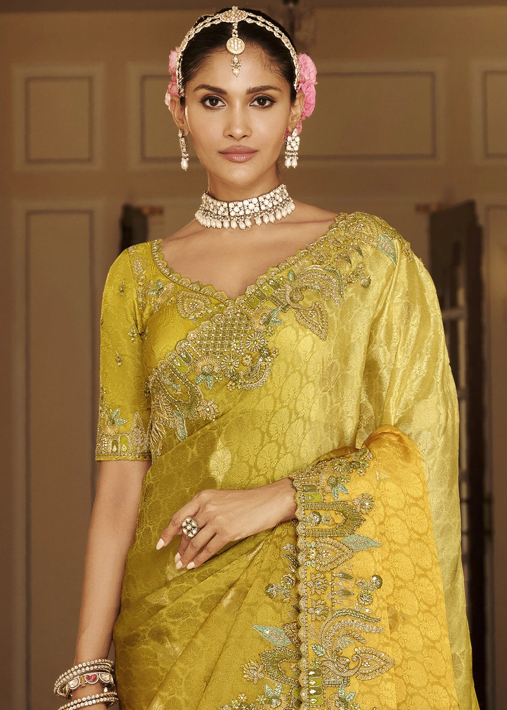 Shades Of Yellow & Green Banarasi Silk Saree with Zari, Thread & Sequins Work: Diwali Edit