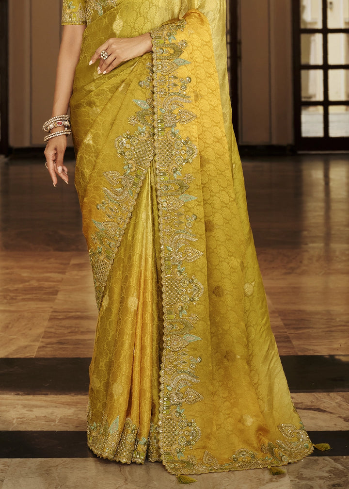 Shades Of Yellow & Green Banarasi Silk Saree with Zari, Thread & Sequins Work: Diwali Edit