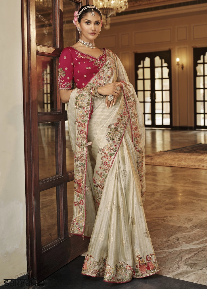 Rice White Banarasi Silk Saree with Zari, Thread & Sequins Work: Diwali Edit