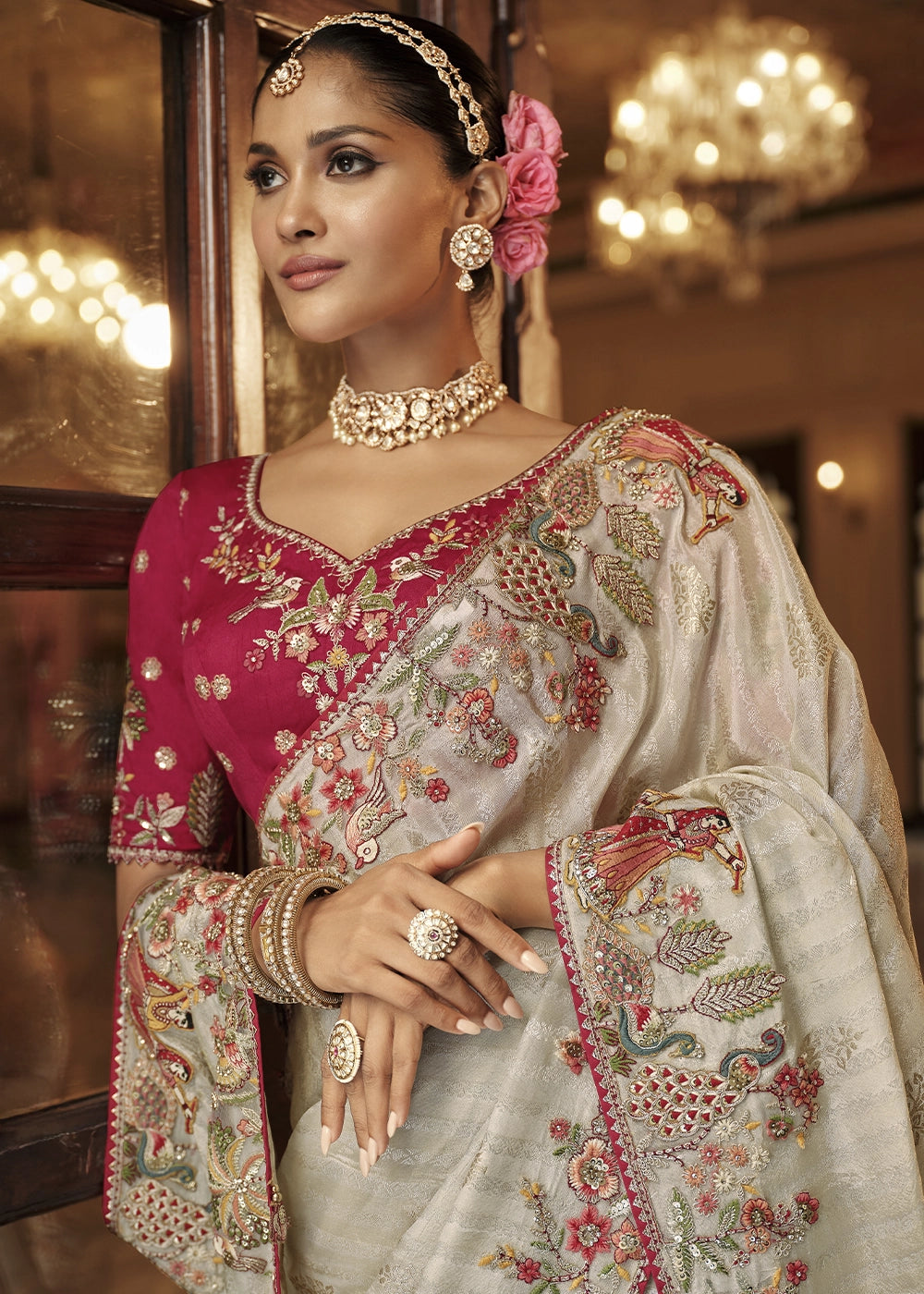 Rice White Banarasi Silk Saree with Zari, Thread & Sequins Work: Diwali Edit