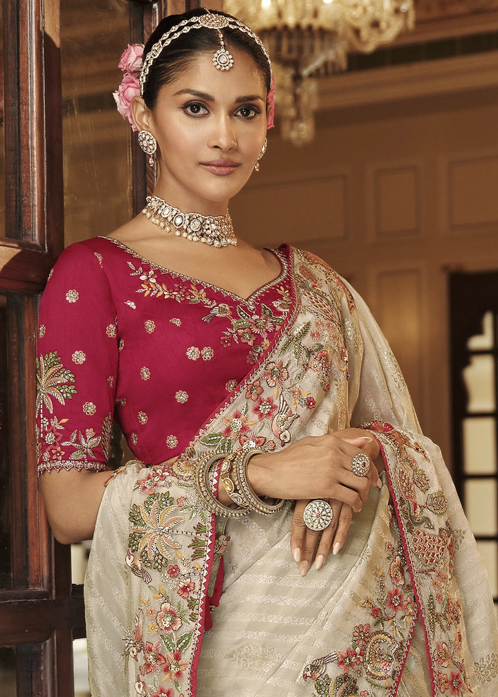 Rice White Banarasi Silk Saree with Zari, Thread & Sequins Work: Diwali Edit