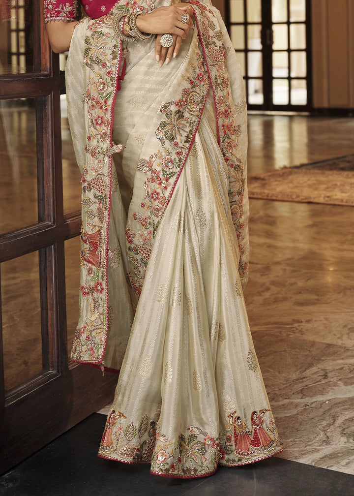 Rice White Banarasi Silk Saree with Zari, Thread & Sequins Work: Diwali Edit