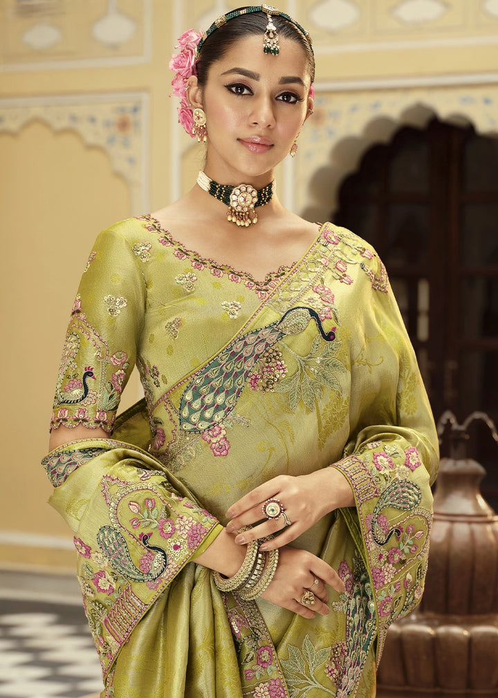 Light Green Banarasi Silk Saree with Zari, Thread & Sequins Work: Diwali Edit
