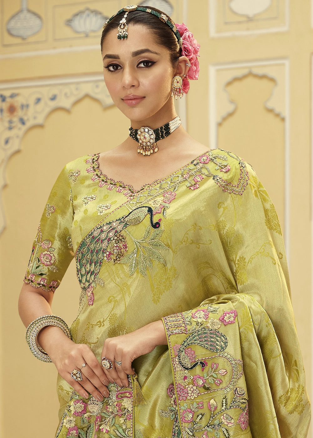 Light Green Banarasi Silk Saree with Zari, Thread & Sequins Work: Diwali Edit