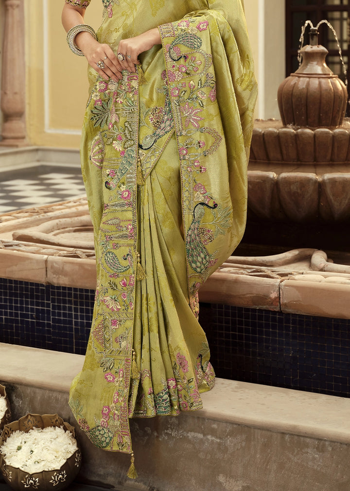Light Green Banarasi Silk Saree with Zari, Thread & Sequins Work: Diwali Edit