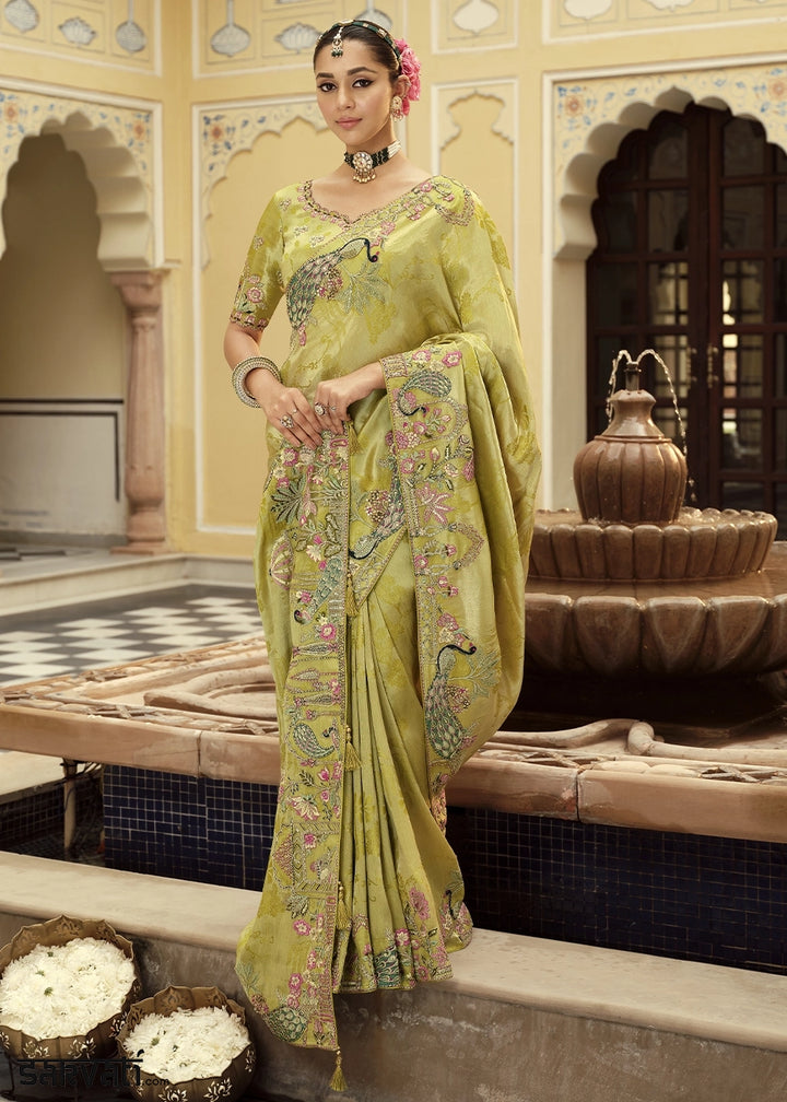 Light Green Banarasi Silk Saree with Zari, Thread & Sequins Work: Diwali Edit
