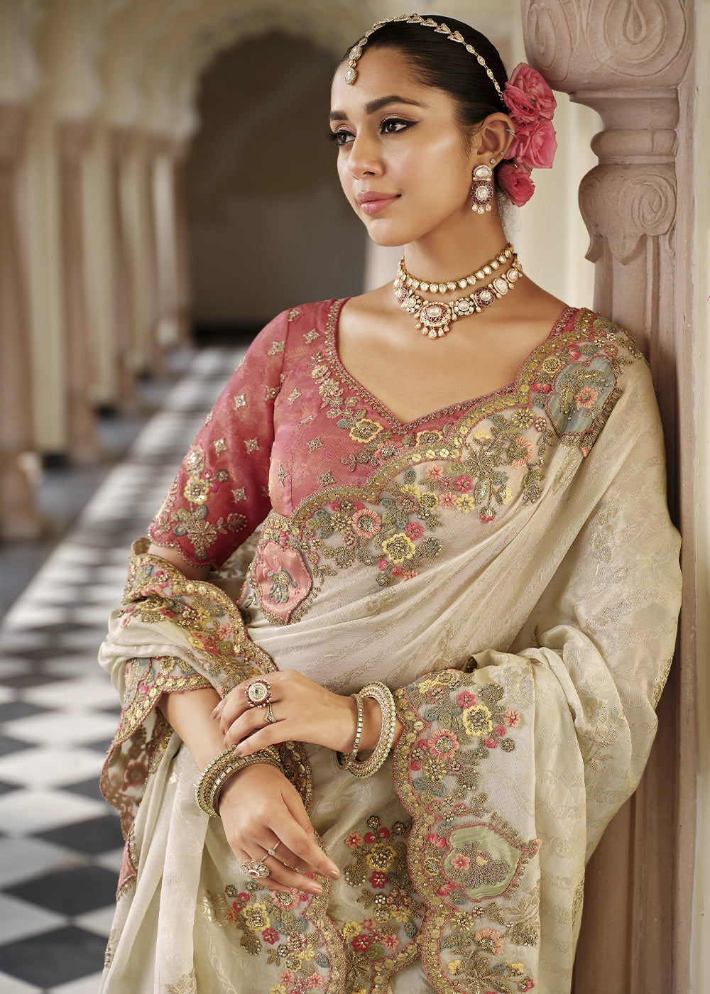 Parchment White Banarasi Silk Saree with Zari, Thread & Sequins Work: Diwali Edit