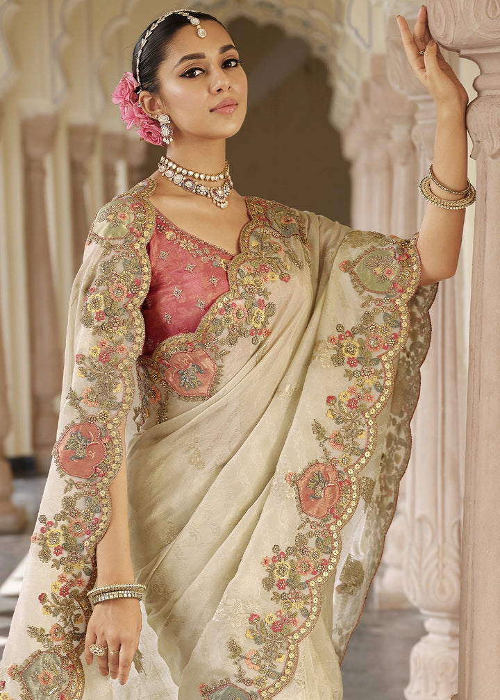 Parchment White Banarasi Silk Saree with Zari, Thread & Sequins Work: Diwali Edit