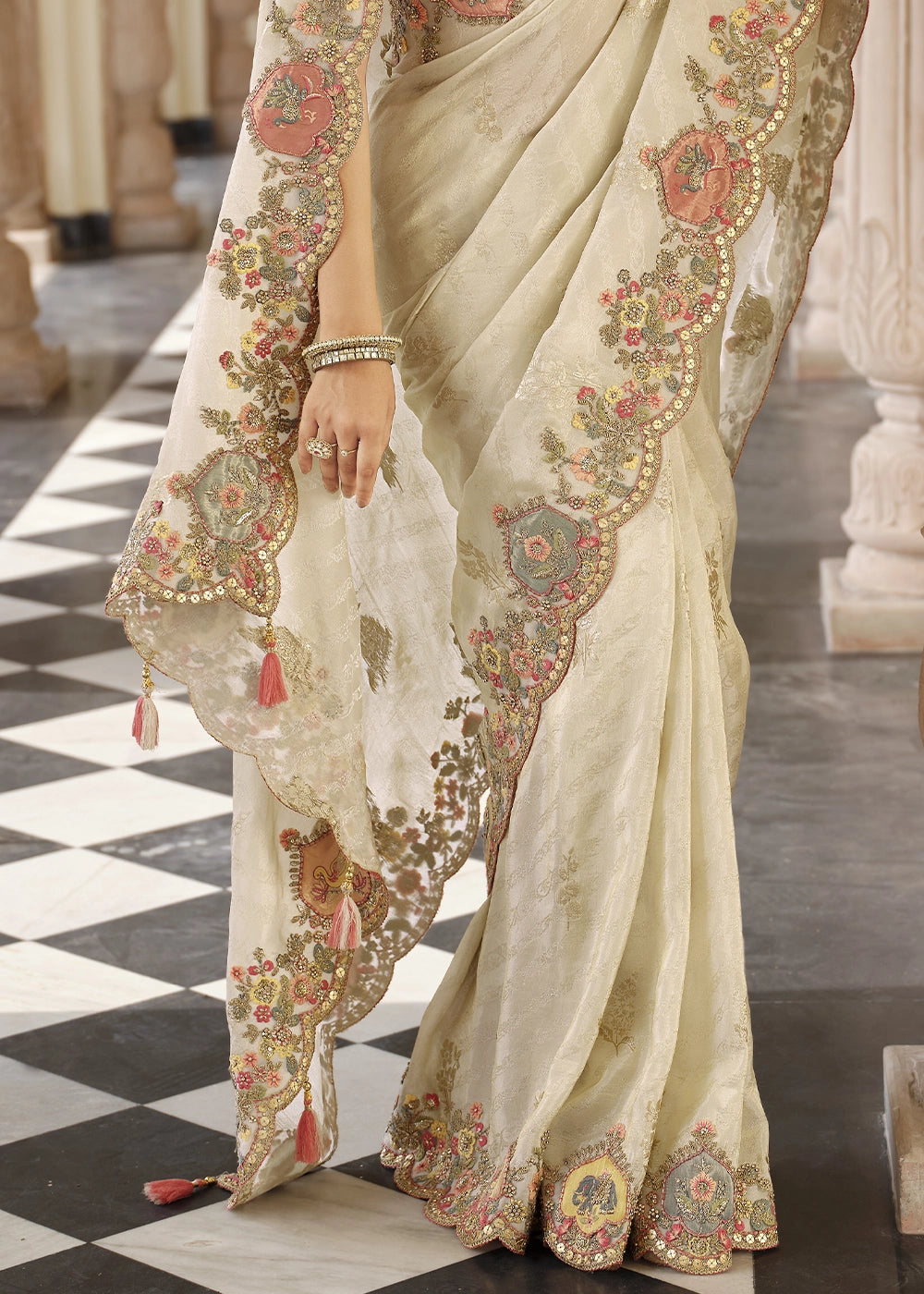 Parchment White Banarasi Silk Saree with Zari, Thread & Sequins Work: Diwali Edit