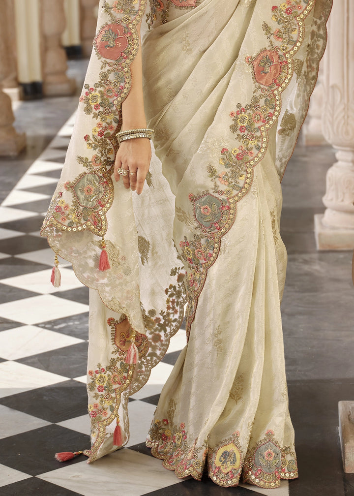 Parchment White Banarasi Silk Saree with Zari, Thread & Sequins Work: Diwali Edit