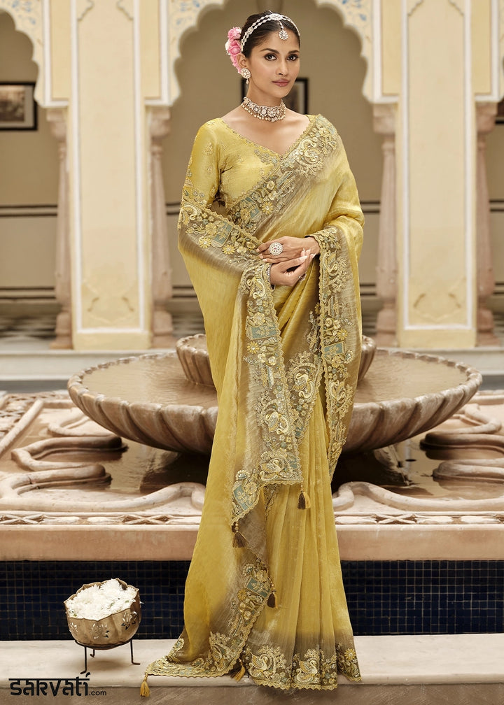 Suphur Spring Green Banarasi Silk Saree with Zari, Thread & Sequins Work: Diwali Edit