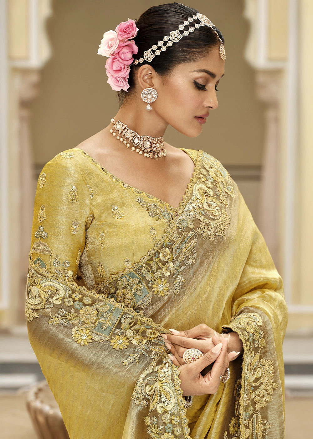 Suphur Spring Green Banarasi Silk Saree with Zari, Thread & Sequins Work: Diwali Edit