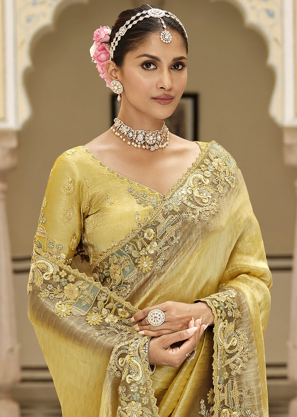 Suphur Spring Green Banarasi Silk Saree with Zari, Thread & Sequins Work: Diwali Edit