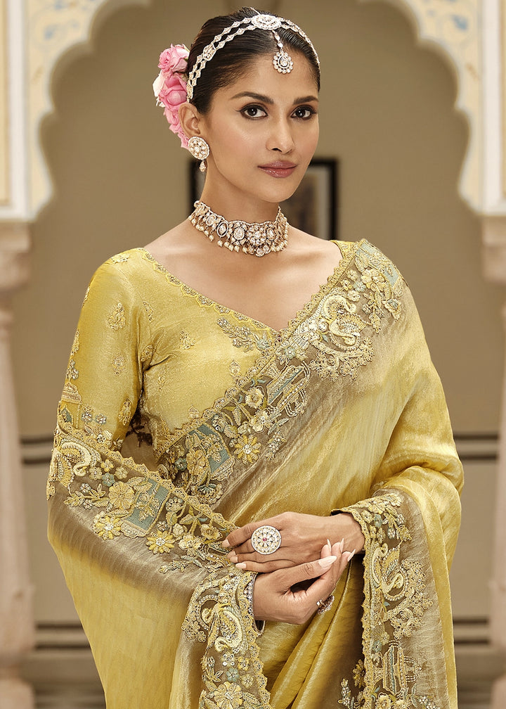 Suphur Spring Green Banarasi Silk Saree with Zari, Thread & Sequins Work: Diwali Edit