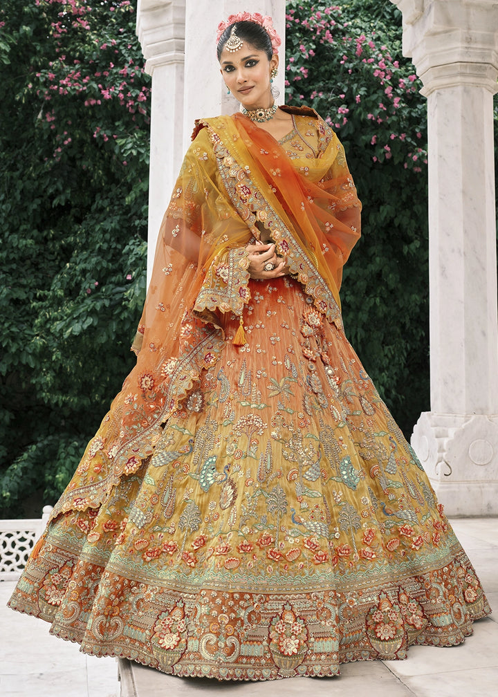 Shades Of Orange Banarasi Silk Lehenga with Stone, Sequins, Mirror & Zari Handwork