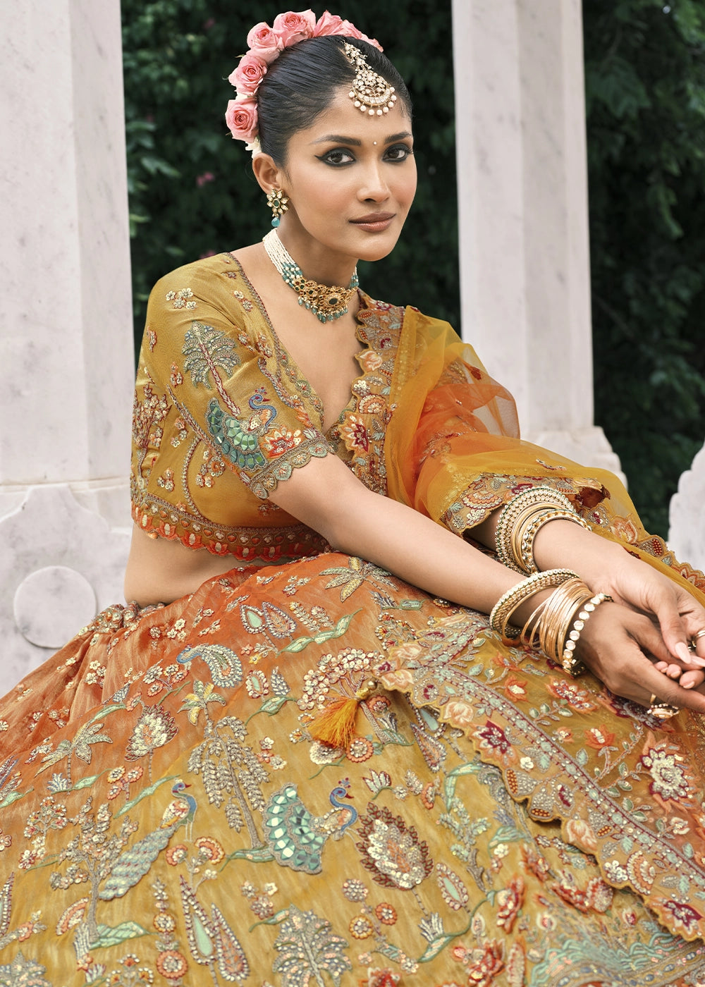Shades Of Orange Banarasi Silk Lehenga with Stone, Sequins, Mirror & Zari Handwork
