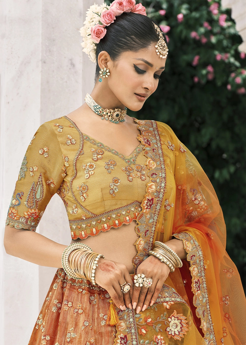 Shades Of Orange Banarasi Silk Lehenga with Stone, Sequins, Mirror & Zari Handwork