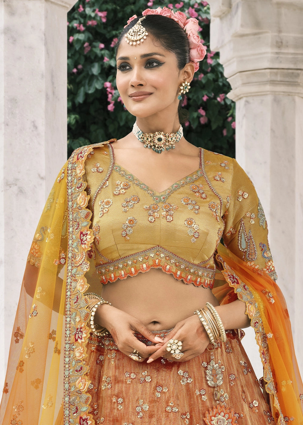 Shades Of Orange Banarasi Silk Lehenga with Stone, Sequins, Mirror & Zari Handwork