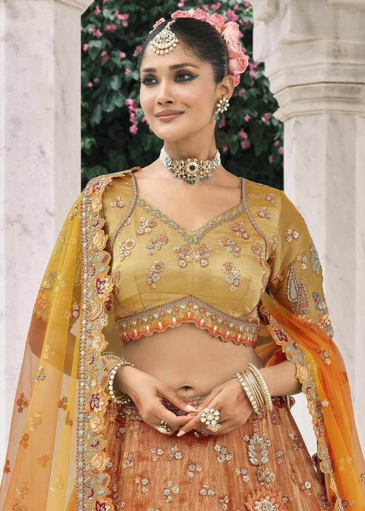 Shades Of Orange Banarasi Silk Lehenga with Stone, Sequins, Mirror & Zari Handwork